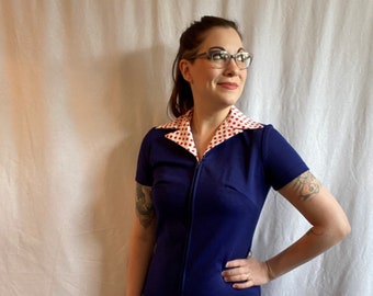 Vintage 1960s Navy Blue Dress with Polka Dot Collar