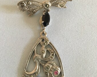 Vintage Costume Jewelry Rhinstone Silver Dangling Brooch