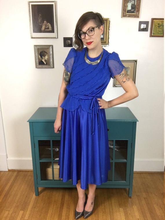 Vintage 1970s Blue Ruffled Formal Dress - image 1