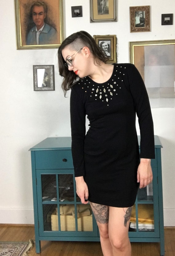 Vintage 1990s Long Sleeve Little Black Dress with… - image 1