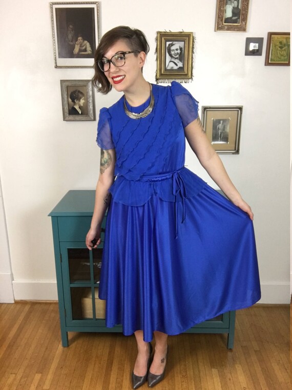 Vintage 1970s Blue Ruffled Formal Dress - image 3