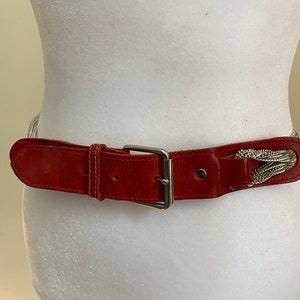 Vintage Red Leather and Silver Chain Belt