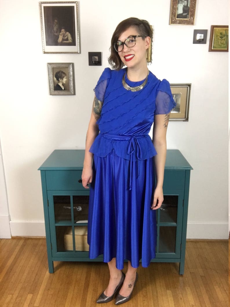 Vintage 1970s Blue Ruffled Formal Dress image 2