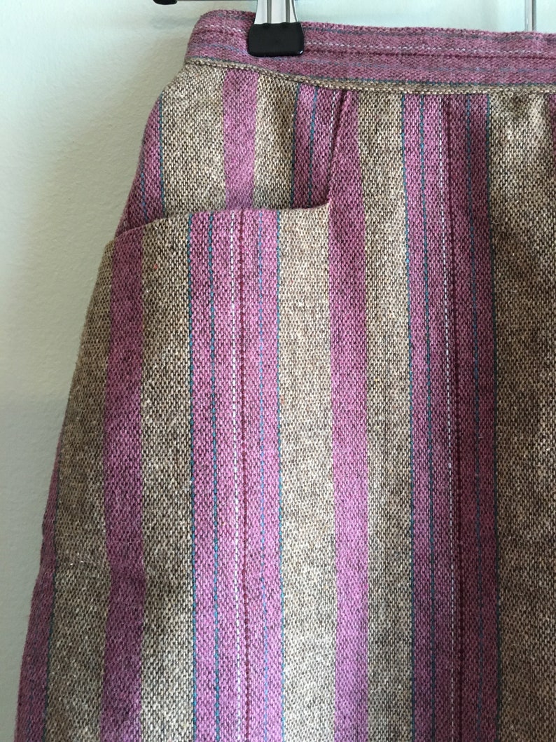 1970s Wool High Waist Pink and Brown Striped Knee Length Vintage Skirt