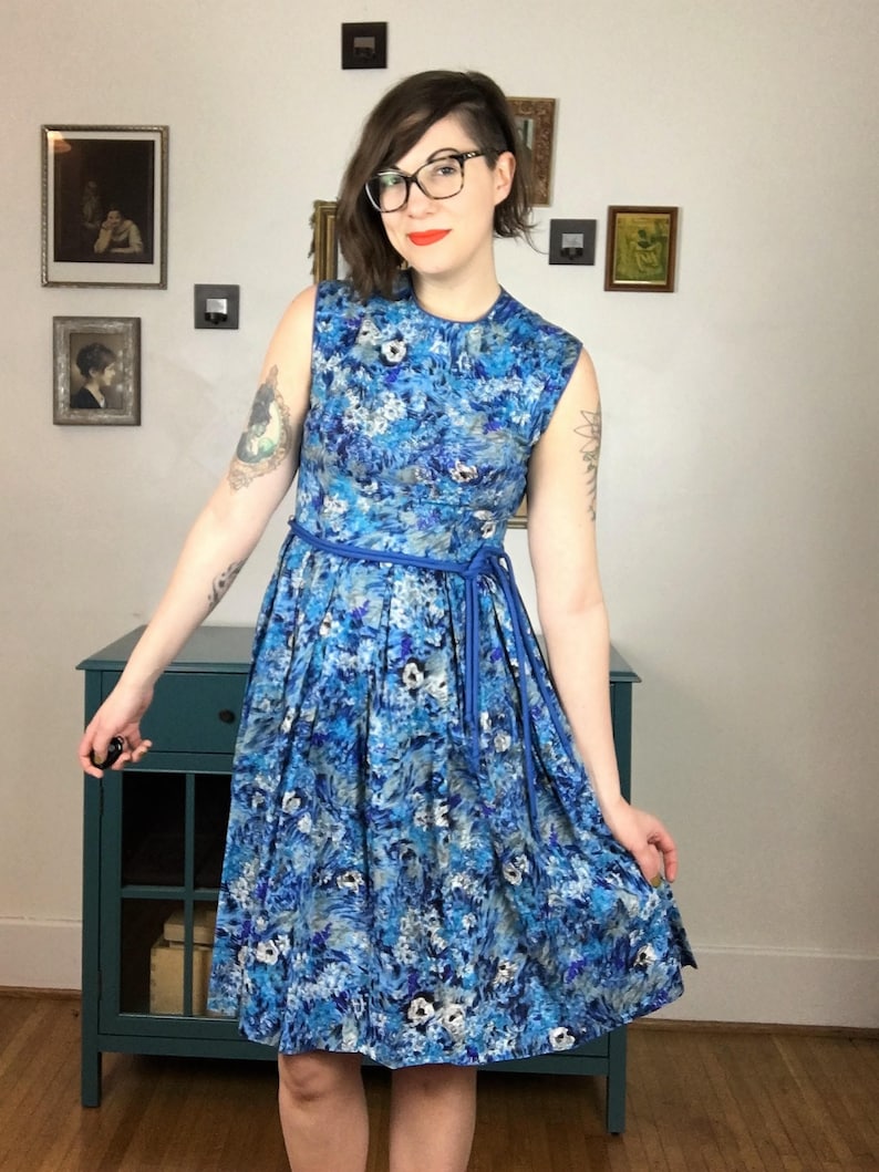 Vintage 1960s Mad Men Blue Patterned Dress