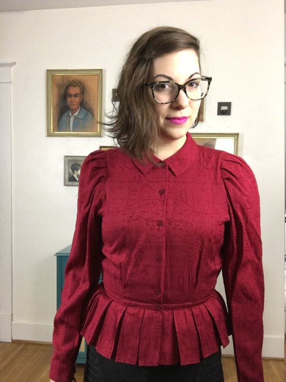 Embossed Print Fuchsia 1980s Pleated Button Down … - image 1