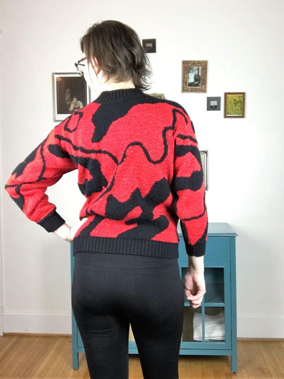 1980s Slouchy Vintage Sweater Red and Black Patte… - image 2