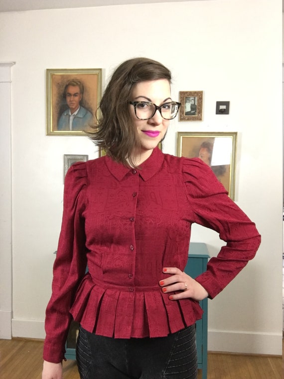 Embossed Print Fuchsia 1980s Pleated Button Down … - image 2