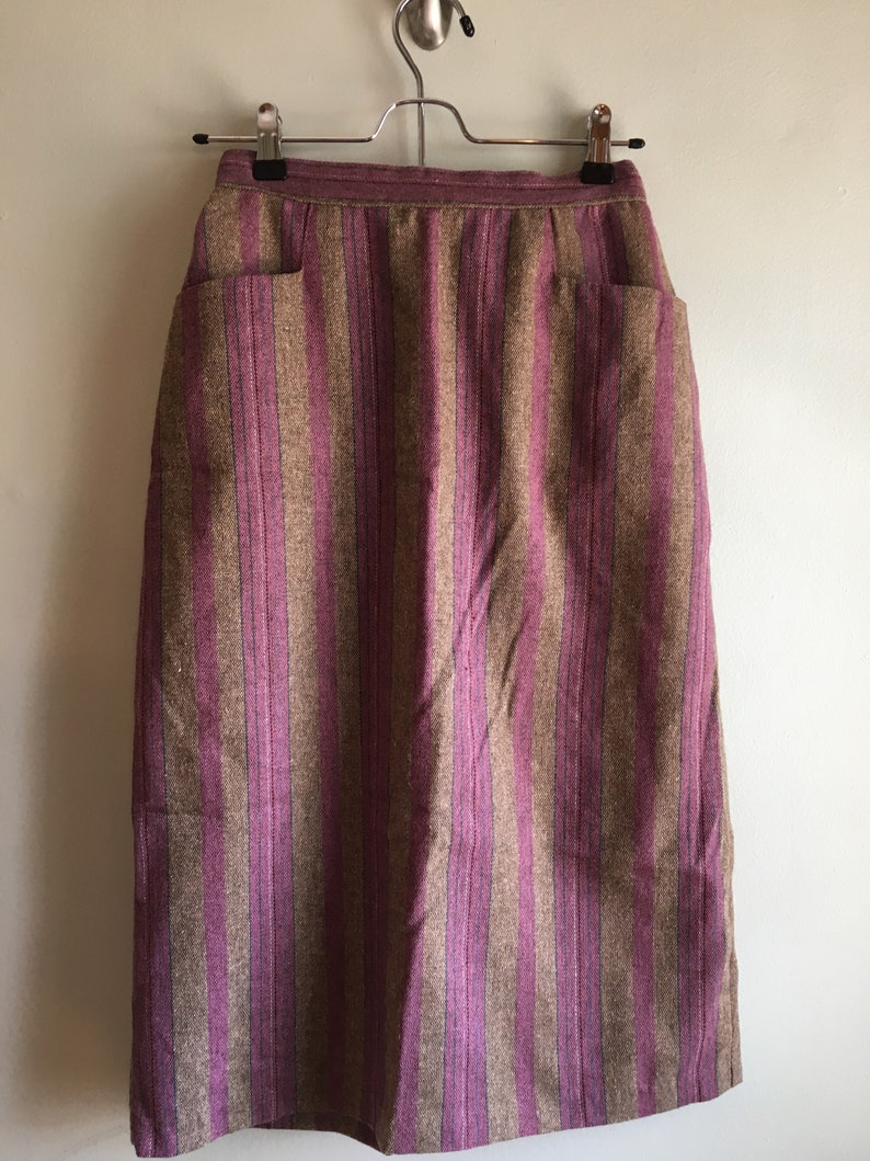 1970s Wool High Waist Pink and Brown Striped Knee Length Vintage Skirt
