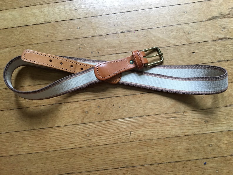 Vintage PreppySporty Canvas Peach Brown and Tan Leather Belt Size SmallMedium