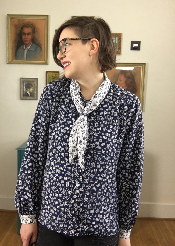 Vintage Navy Blue Patterned Blouse with Attached … - image 1