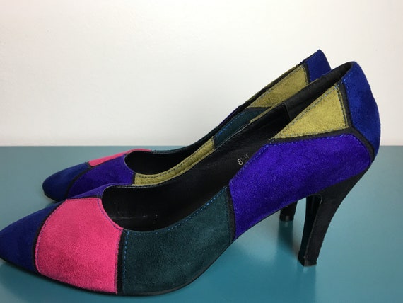 Velvet Patchwork Bright Colored High Heel Vintage… - image 1