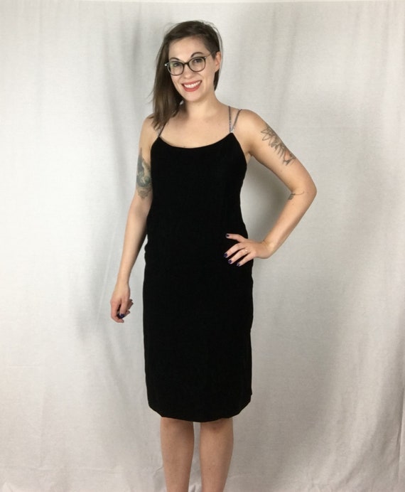 Vintage Velvet Knee Length Dress with Rhinestone Spaghetti Straps