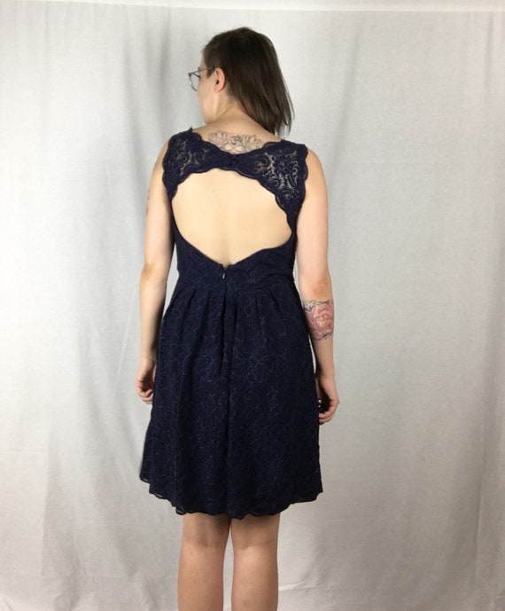 Vintage Navy Floral Lace Formal Dress with Cutout Back and Boning