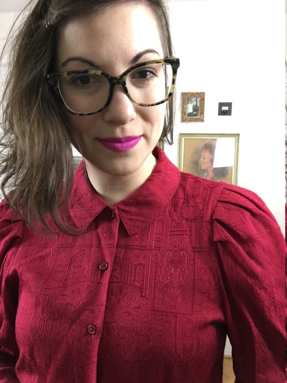 Embossed Print Fuchsia 1980s Pleated Button Down … - image 4