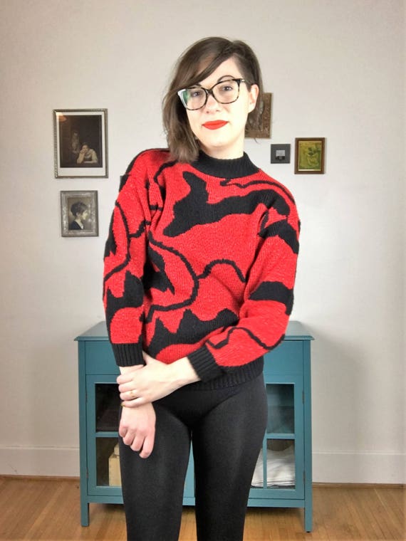 1980s Slouchy Vintage Sweater Red and Black Patte… - image 1