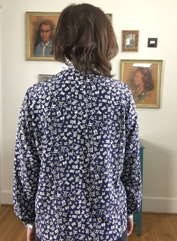 Vintage Navy Blue Patterned Blouse with Attached … - image 3