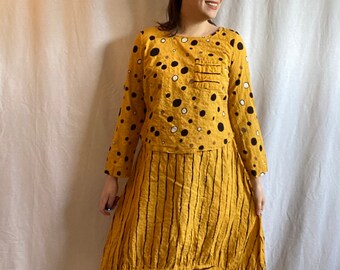 Vintage Yellow Polka Dot and Striped Sear Sucker Dress