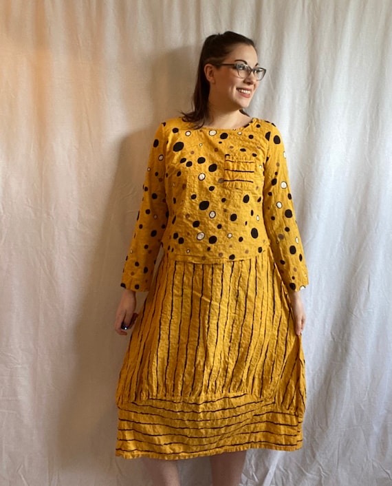 yellow dress with brown polka dots ZAPAKA Women Vintage Dress Yellow Polka Dots Print Spring 1950s Swing Dress main image 1