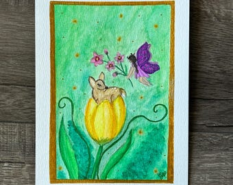 Fawn Art Original Gouache Painting - A Fairy Gift - fantasy art. fairy art. illustration.