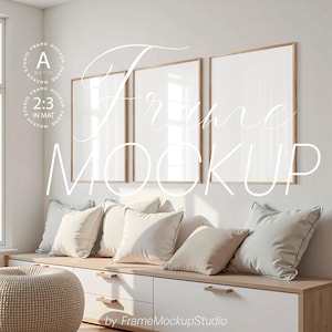 Three Frame Mockup – PSD Wall Art Mockup, Modern Interior Frame Set, Wooden 3 Frame Mockup, Gallery Poster Display