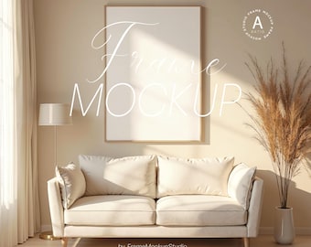 Vertical Wood Frame Mockup: Living Room Wall Art Display (File PSD, Digital Download)