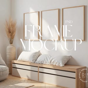 Frame Mockup Set of 3 – Wall Art Mockup, Wooden Frame Mockup, Light Natural Frame Mockup – Realistic Print Mockup PSD for Interior Design