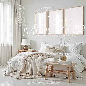 Set of 3 Frame Mockups – Wall Art PSD in Bedroom – Wood & White Poster Frame Mockup Set – Gallery Wall Art Print Display