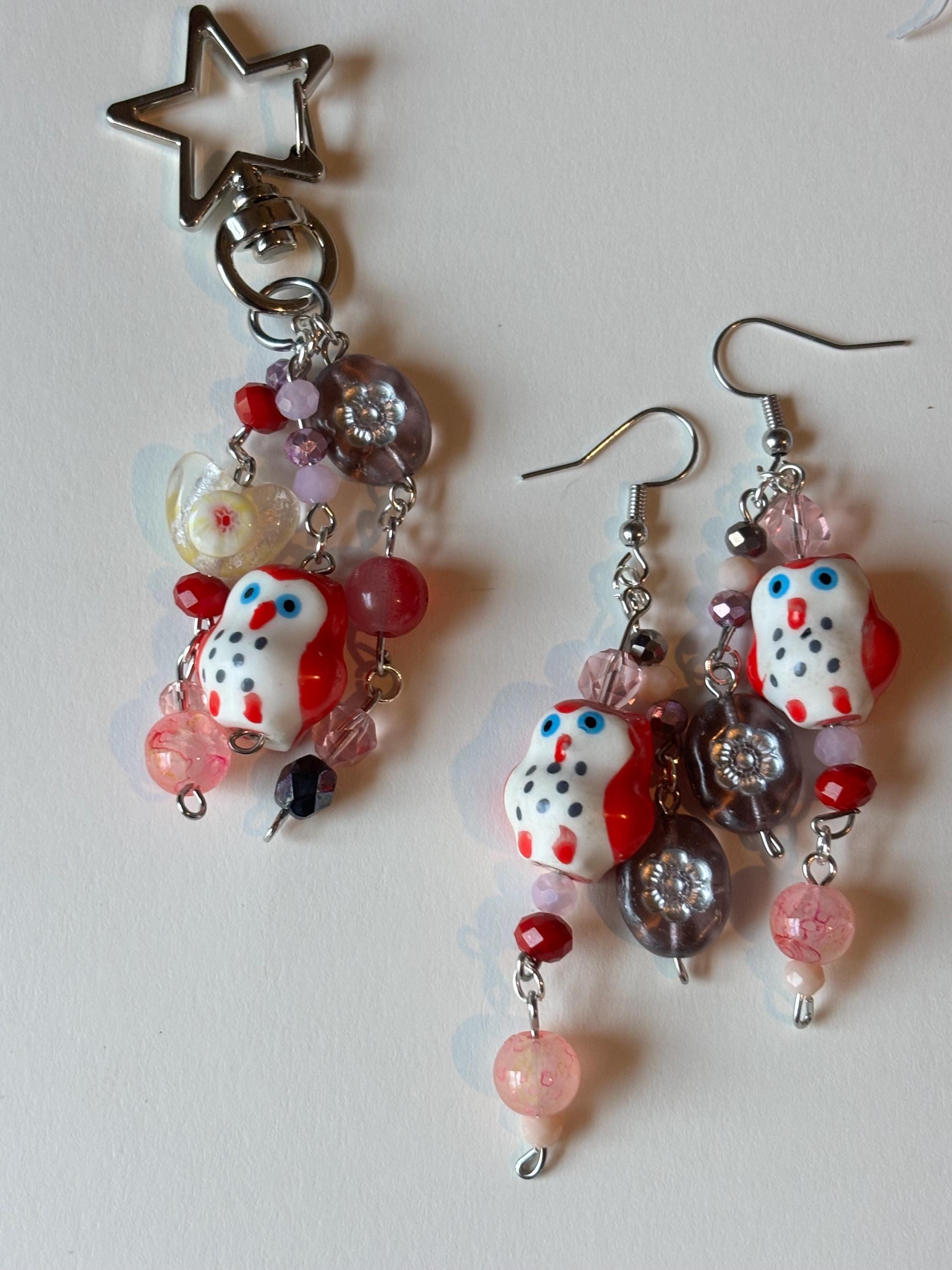 Adorable Valentines Red Owl SET with Lampwork beads