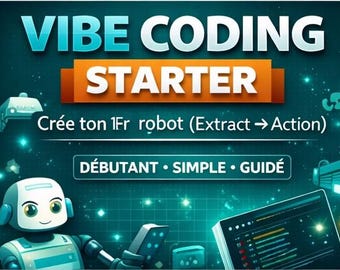 May include: A digital graphic promoting "Vibe Coding Starter." The image features a robot illustration, a laptop screen displaying code, and text that reads "Crée ton 1Fr robot (Extract → Action)" and "DÉBUTANT • SIMPLE • GUIDÉ." The background is a dark teal with glowing accents.