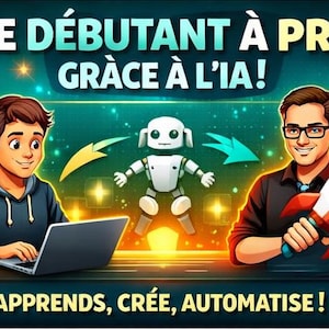 Może przedstawiać: Ilustrowana reklama z tekstem "DE DÉBUTANT À PRO GRÂCE À L'IA!" i "APPRENDS, CRÉE, AUTOMATISE!". Przedstawia dwie osoby, robota i rakietę. Tło to gradient niebieskiego i zielonego.