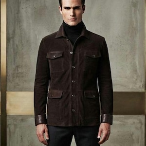 Men's Brown Goat Suede Leather Field Jacket, Soft Polyester Lining, Vintage Style Coat