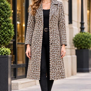 Women's Leopard Print Sheep Leather Coat, Long Leather Outerwear, Animal Print Fashion