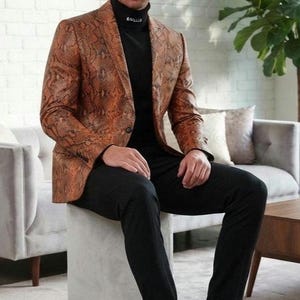 Blazer homme en cuir de mouton marron imprimé serpent | Veste de sport de luxe en cuir de python embossé