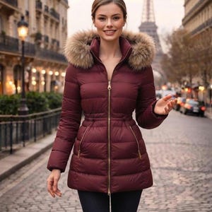 Women's Burgundy Puffer Jacket with Faux Fur Hood | Quilted Winter Coat