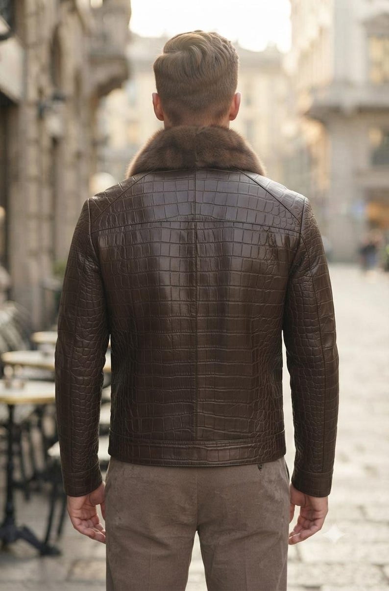 May include: A dark brown jacket with a textured crocodile skin pattern and a thick, plush fur collar. The jacket features long sleeves, a straight hemline, and visible stitching details across the back panel, worn over light brown trousers.