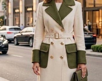 以下が含まれることがあります： クリーム色のロング丈ダブルブレストコート。オリーブグリーンのラペル、袖口、大きなフラップポケットが特徴です。ゴールドのバックルが付いた共布のウエストベルト、ゴールドトーンのボタンがあしらわれ、オリーブグリーンの小さなクラッチバッグを合わせています。