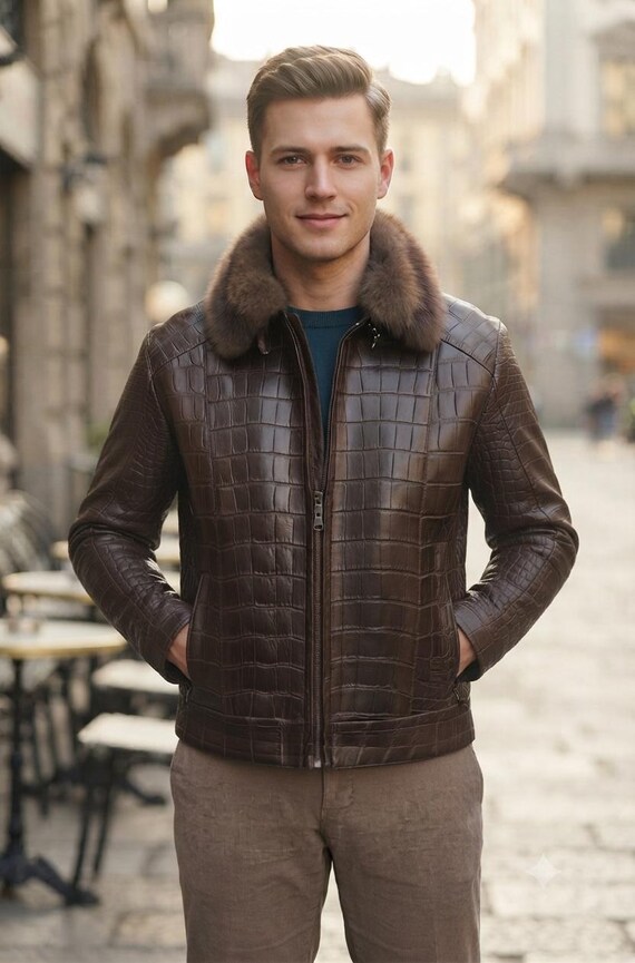 Men's Brown Crocodile Embossed Leather Bomber Jacket, Faux Fur Collar