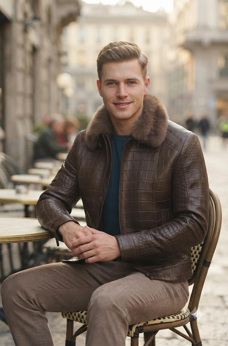 May include: A brown jacket with a textured crocodile-skin pattern and a thick, plush brown fur collar. The jacket features a front zipper closure and is worn over a dark teal shirt, paired with light brown trousers.