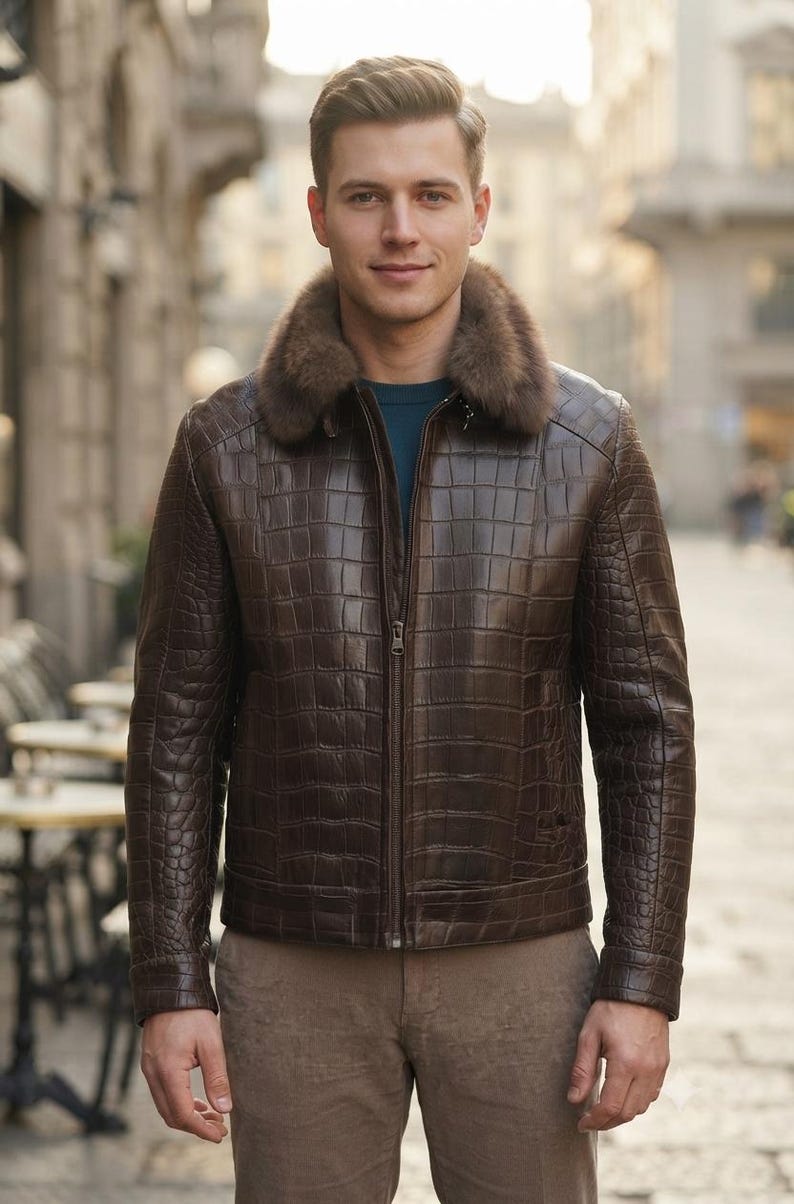 May include: A dark brown leather jacket with a textured crocodile-skin pattern, featuring a full-length front zipper and a thick, plush brown fur collar. The jacket is worn over a solid dark teal shirt and paired with light brown trousers.