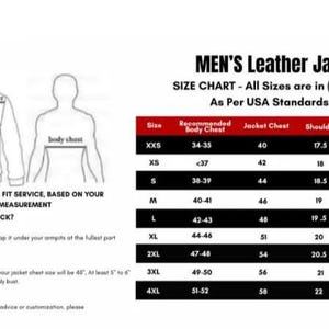 May include: A size chart for a leather jacket with a line drawing of a jacket and a human torso. The chart lists sizes from XXS to 4XL with measurements in inches for recommended body chest, jacket chest, shoulder, and sleeve length in a table.