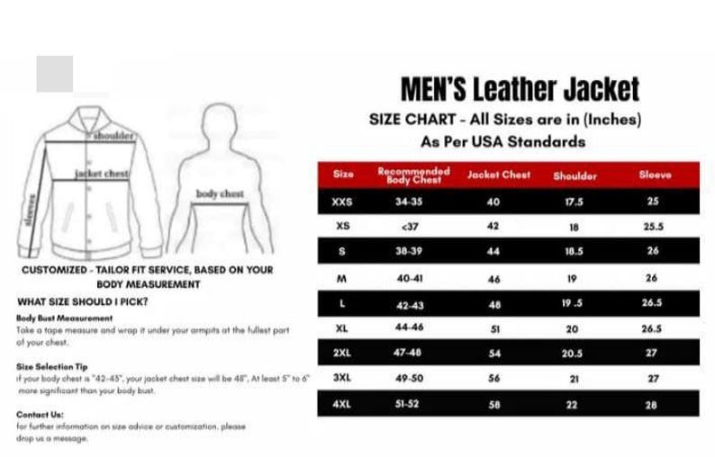 May include: A size chart for a leather jacket with a line drawing of a jacket and a human torso. The chart lists sizes from XXS to 4XL with measurements in inches for recommended body chest, jacket chest, shoulder, and sleeve length in a table.