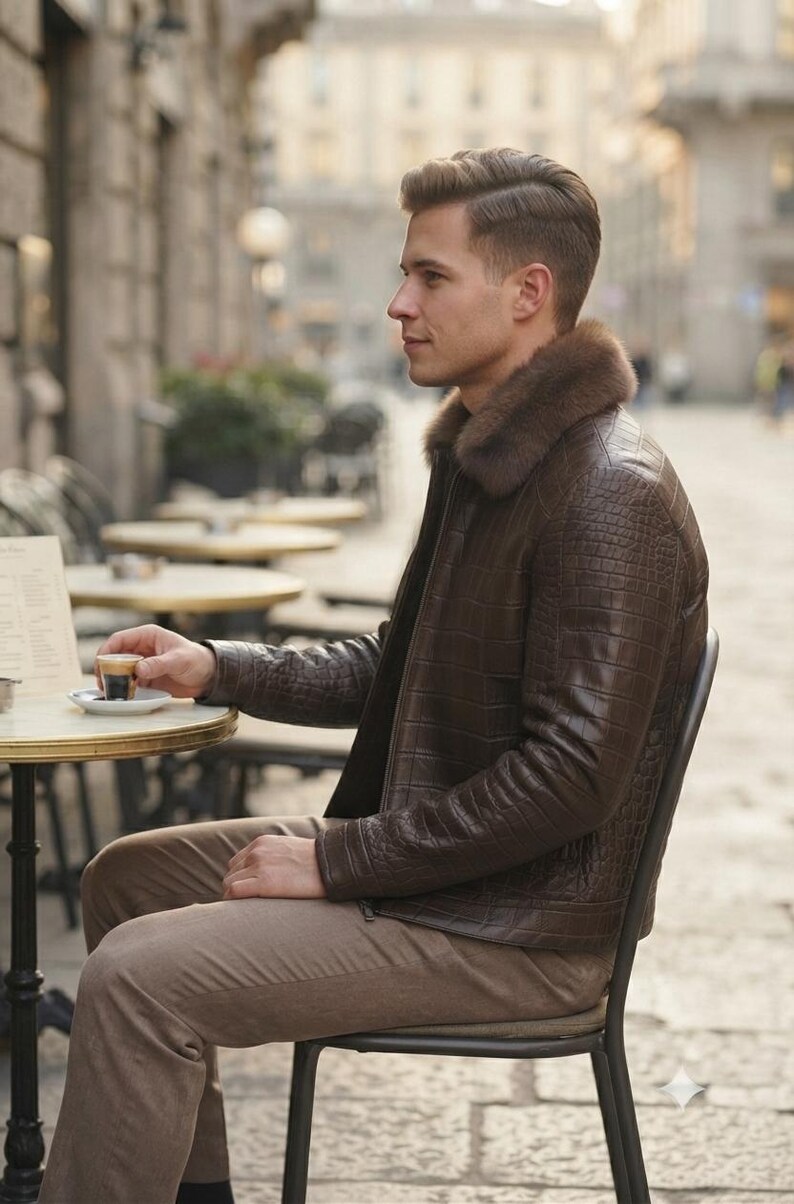 May include: A dark brown jacket with a textured crocodile-embossed pattern and a plush brown fur collar, paired with light brown trousers. The jacket features a front zipper closure and long sleeves, providing a structured look for the wearer.