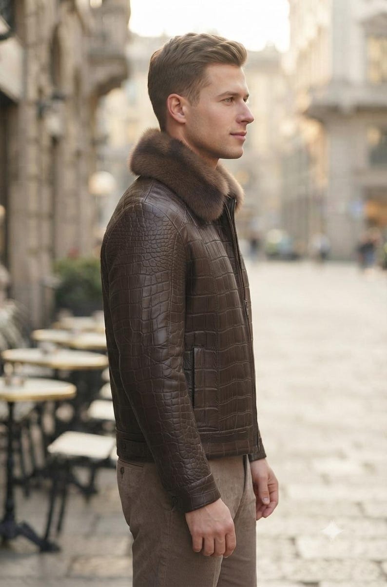 May include: A dark brown leather jacket with a textured crocodile-skin pattern and a thick, plush brown fur collar. The jacket features a front zipper closure, long sleeves with cuffs, and a straight hemline, worn with light brown trousers.