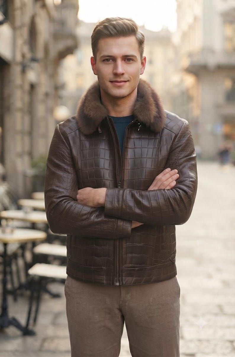 May include: A dark brown leather jacket with a textured crocodile-skin pattern, featuring a thick, plush brown fur collar and a central zipper closure. The jacket is worn over a dark blue shirt, paired with light brown trousers in a neutral tone.