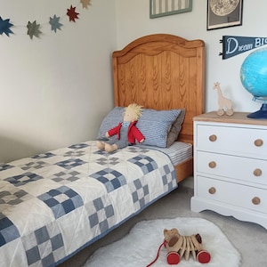 Handmade Linen Baby Quilt: 'Blue Flowers' Patchwork Toddler Blanket, Playmat or Wall Hanging