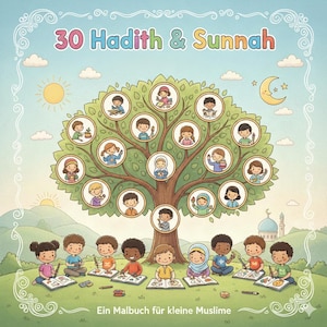 May include: A children's book cover with the title "30 Hadith & Sunnah" above a tree with children in the branches. Below, children sit on grass, drawing. The text "Ein Malbuch für kleine Muslime" is at the bottom. The illustration is in bright colors.
