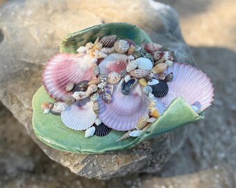 May include: A decorative arrangement of seashells in a green ceramic dish. The shells vary in size, shape, and color, including pink, white, and brown. The dish is resting on a gray rock, creating a natural, coastal aesthetic.