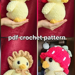 Patrón de pato a crochet – Amigurumi Ruby con gorro de fresa, color cáscara de huevo (PDF digital)