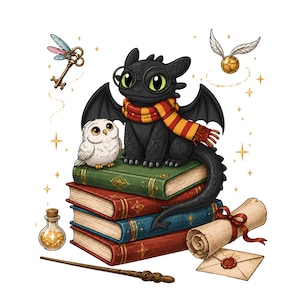May include: A black dragon with green eyes wearing round glasses and a red and yellow striped scarf, perched on a stack of four books. Beside the books are a white owl, a winged golden ball, a flying key, a potion bottle, a wand, and a scroll.